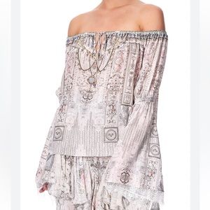 CAMILLA *Crystal Castle* grey silk lace floral off shoulder top blouse M